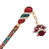 Enamel Twirl Flora Hair Stick w/ Rhinestones and Beijing Opera Mask Tassel