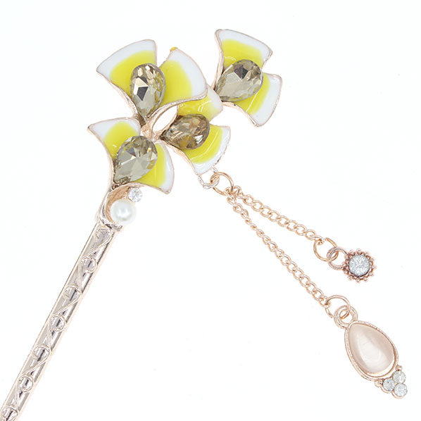 Enamel Ginkgo Leaves Hair Stick w/ Rhinestones and Tassels Yellow