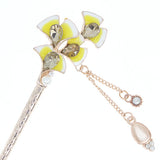 Enamel Ginkgo Leaves Hair Stick w/ Rhinestones and Tassels Yellow
