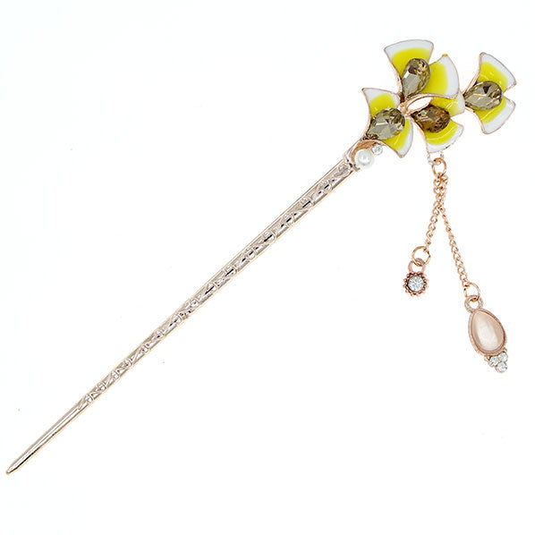 Enamel Ginkgo Leaves Hair Stick w/ Rhinestones and Tassels Yellow