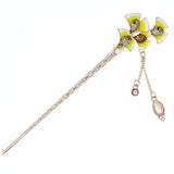 Enamel Ginkgo Leaves Hair Stick w/ Rhinestones and Tassels Yellow