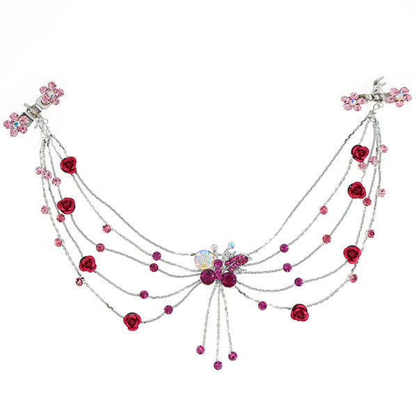 Silver Finish Rhinestone Butterfly Headlace Browband w/ Roses & Claws Red