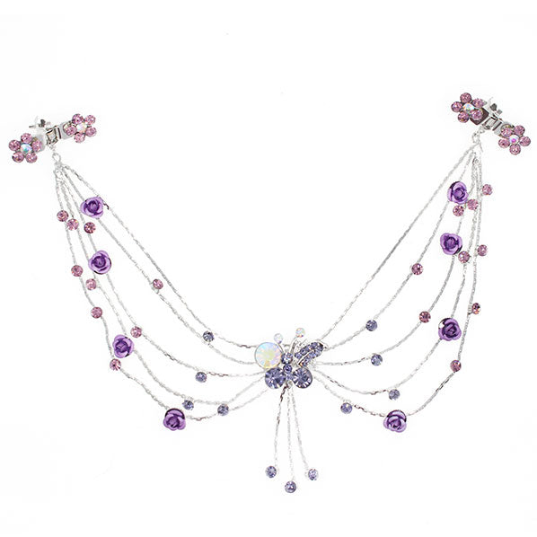 Silver Finish Rhinestone Butterfly Headlace Browband w/ Roses & Claws Blue