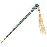 Enamel Twirl Floral Hair Stick w/ Rhinestones and Tassels