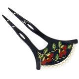 Acrylic 2-Prong Floral Geisha Hair Stick Fork w/ Pearls Black