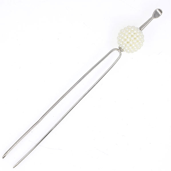 Geisha Earpick Style 2-Prong Metal Hair Stick Fork w/ Beaded Ball White