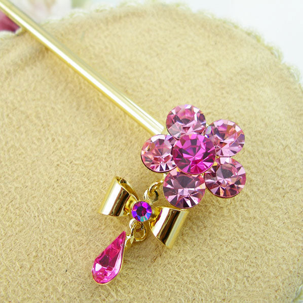 Pink Flower Swarovski Rhinestone Hair Stick with Bow Tassel 5.35"