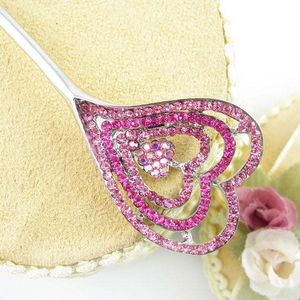 Ruby/Pink Heart Czech Crystal Rhinestone Hair Stick 5.5"