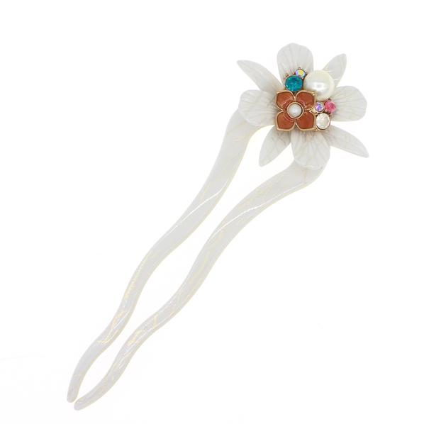 Cellulose Acetate 2-Prong Flower Hair Fork Hair Stick with Rhinestones and Glass Pearls
