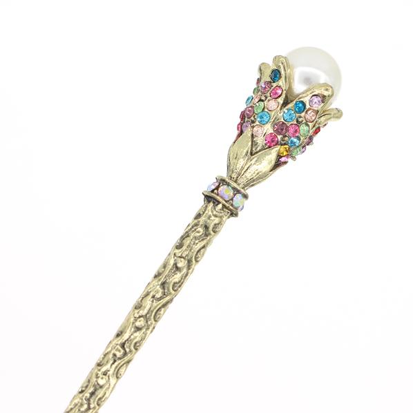 Antique Brass Finish Hair Stick with Rhinestone Flower and Large Glass Pearl