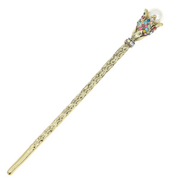 Antique Brass Finish Hair Stick with Rhinestone Flower and Large Glass Pearl