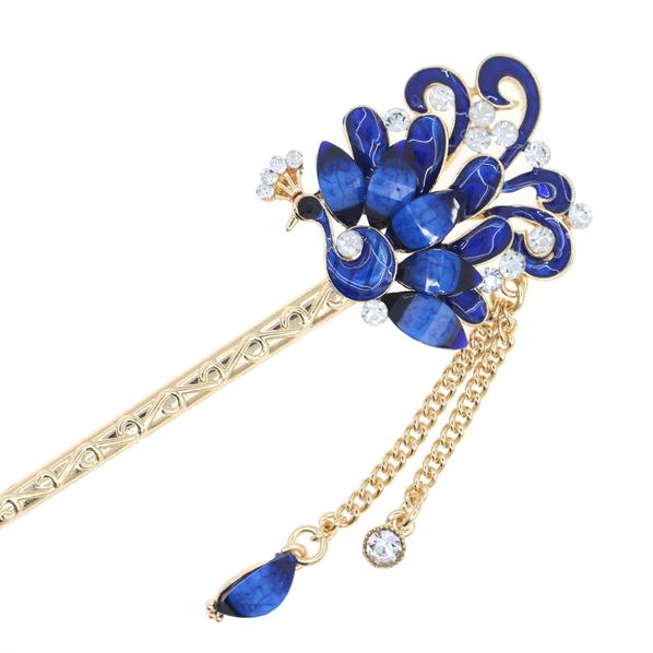 Enamel Peacock Hair Stick with Rhinestones and Tassels Purple