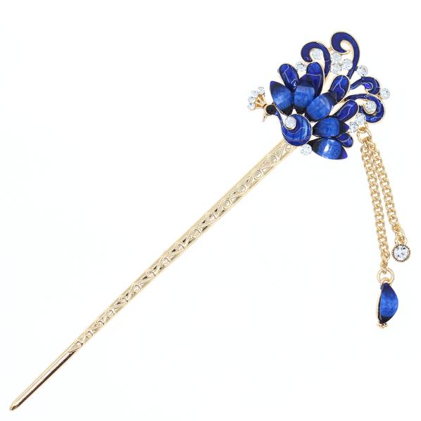 Enamel Peacock Hair Stick with Rhinestones and Tassels Black