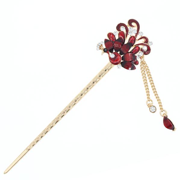 Enamel Peacock Hair Stick with Rhinestones and Tassels