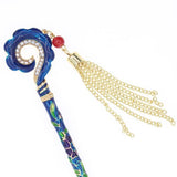 Enamel Cloisonne Hair Stick with Rhinestones and Tassels Hook