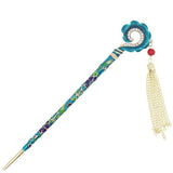 Enamel Cloisonne Hair Stick with Rhinestones and Tassels Hook