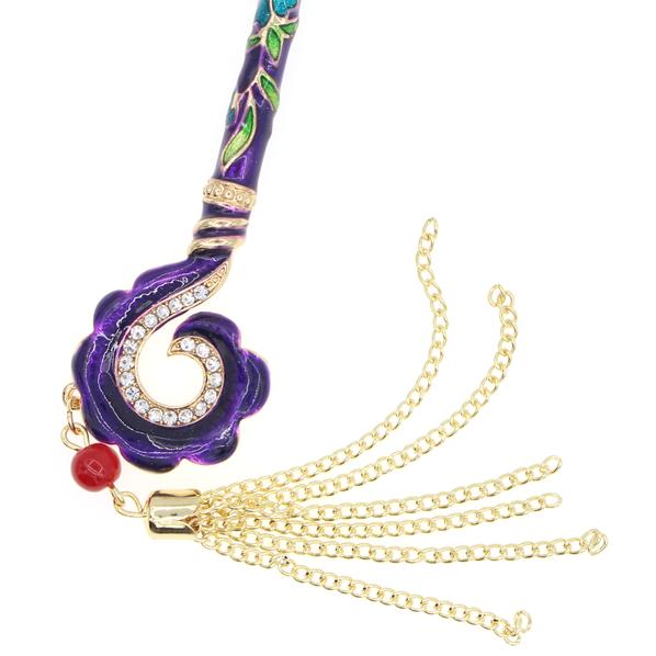 Red Enamel Cloisonne Hair Stick with Rhinestones and Tassels Hook