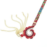 Green Enamel Cloisonne Hair Stick with Rhinestones and Tassels Hook