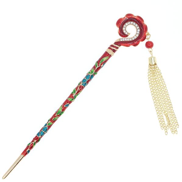 Enamel Cloisonne Hair Stick with Rhinestones and Tassels Hook