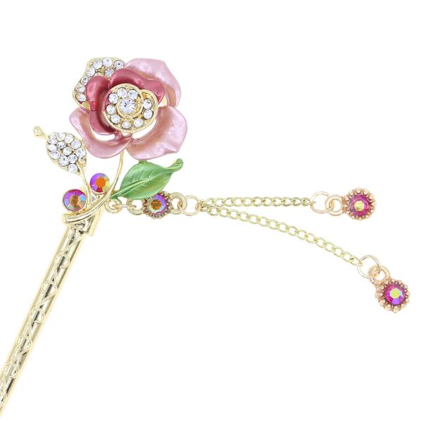 Gold Finish Aqua Colored Rose Hair Stick with Rhinestones and Tassels