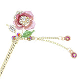 Gold Finish Aqua Colored Rose Hair Stick with Rhinestones and Tassels