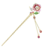 Gold Finish Colored Rose Hair Stick with Rhinestones and Tassels