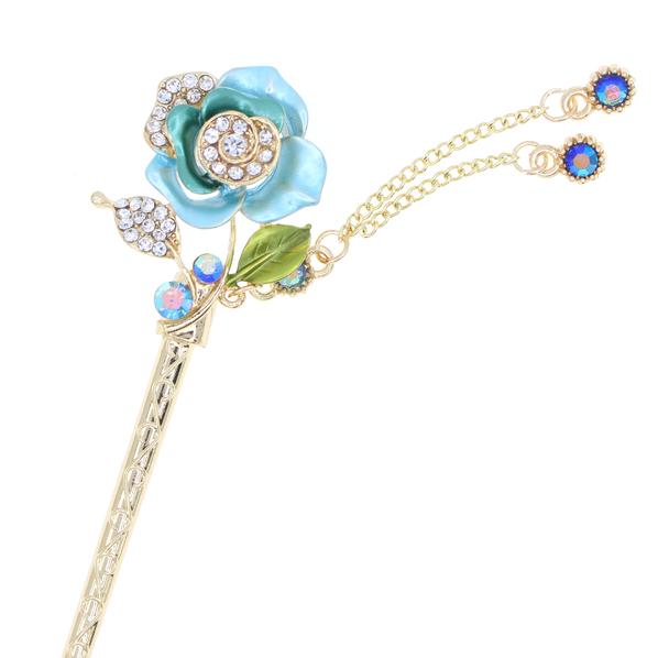 Gold Finish Colored Rose Hair Stick with Rhinestones and Tassels
