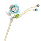 Gold Finish Colored Rose Hair Stick with Rhinestones and Tassels