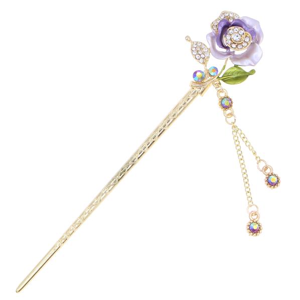 Gold Finish Colored Rose Hair Stick with Rhinestones and Tassels