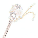 Gold Finish Hair Stick with Mother-of-Pearl Flower Rhinestones Glass Pearls and Tassels