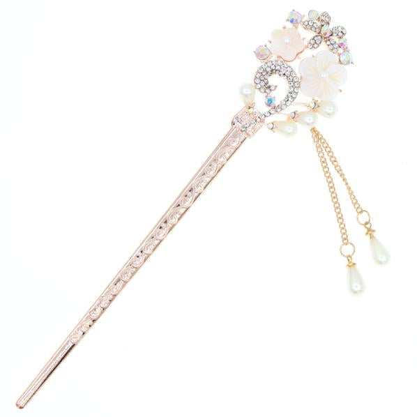 Gold Finish Hair Stick with Mother-of-Pearl Flower Rhinestones Glass Pearls and Tassels