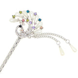 White Pearl & Colorful Czech Rhinestone Peacock Hair Stick w/ Tassels