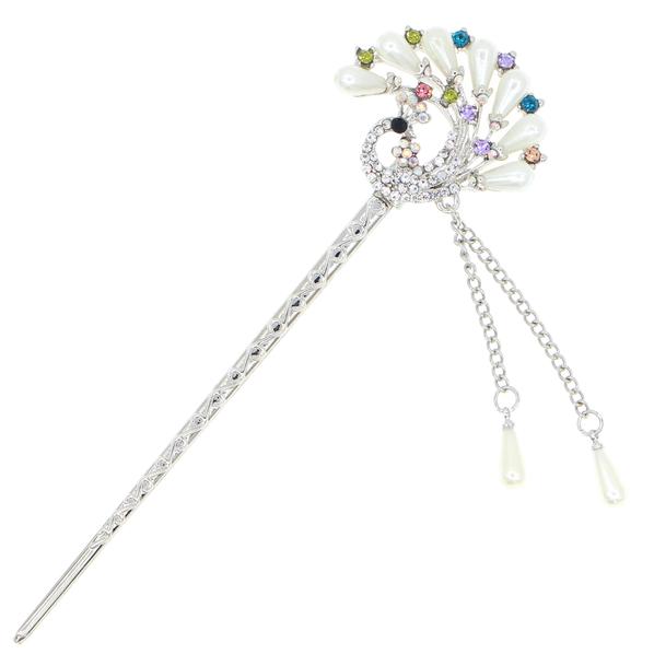 White Pearl & Colorful Czech Rhinestone Peacock Hair Stick w/ Tassels