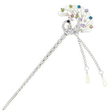 White Pearl & Colorful Czech Rhinestone Peacock Hair Stick w/ Tassels