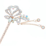 Gold Finish Rhinestone Flower Hair Stick with Tassels Clear