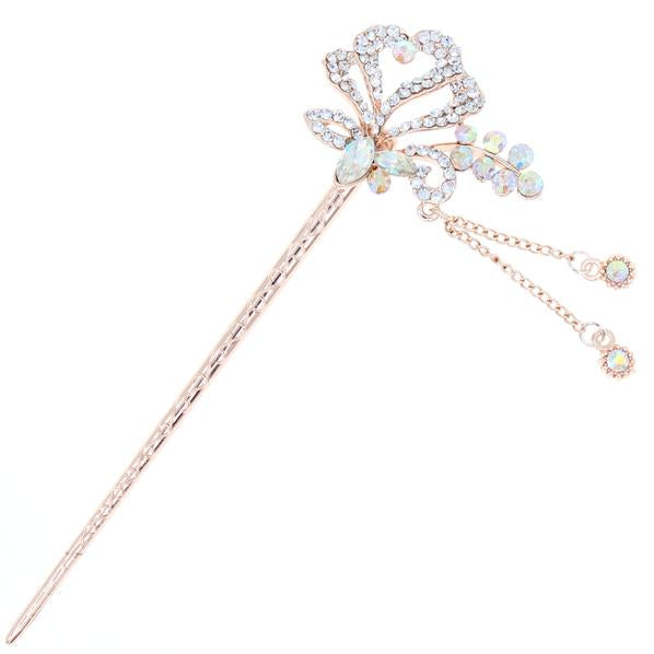 Gold Finish Rhinestone Flower Hair Stick with Tassels