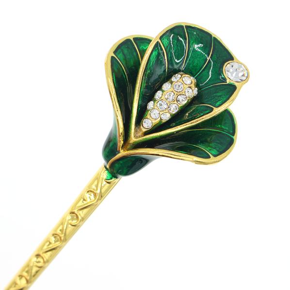 Gold Finish Pink Enamel Calla Lily Hair Stick with Rhinestones