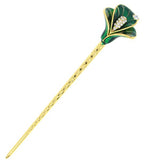 Gold Finish Burgandy Enamel Calla Lily Hair Stick with Rhinestones
