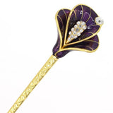 Gold Finish Orange Enamel Calla Lily Hair Stick with Rhinestones