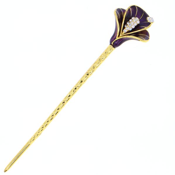 Gold Finish Enamel Calla Lily Hair Stick with Rhinestones