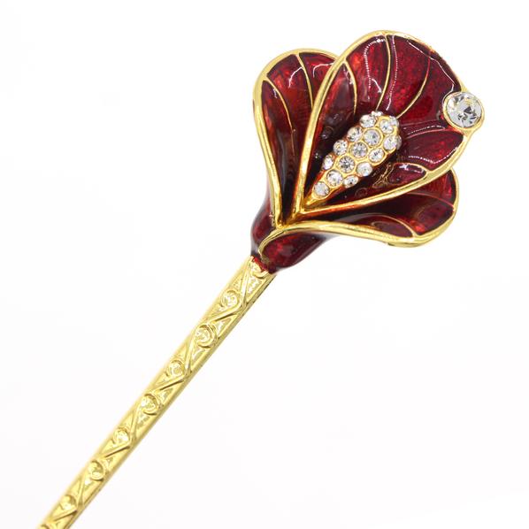 Gold Finish Blue Enamel Calla Lily Hair Stick with Rhinestones
