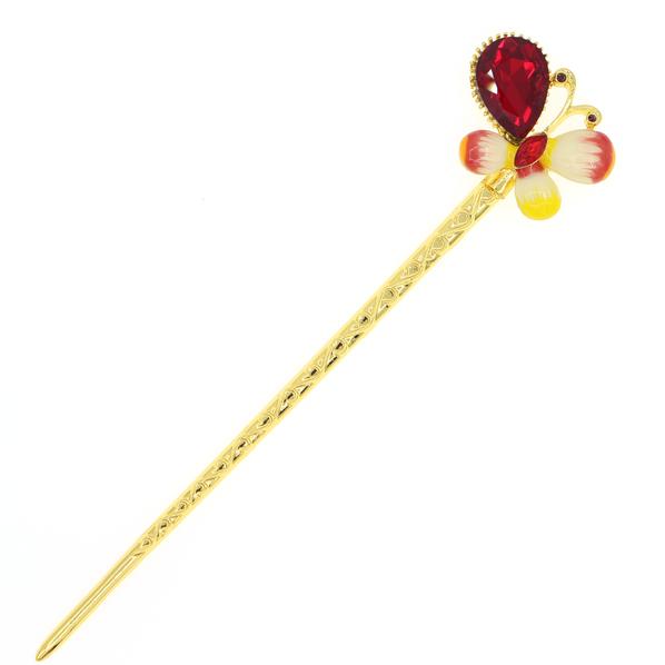 Gold Finish Enamel Butterfly Hair Stick with Rhinestones