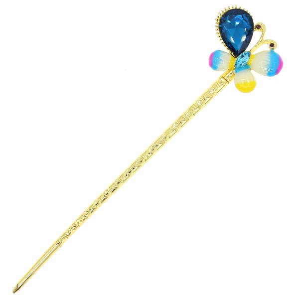 Gold Finish Enamel Butterfly Hair Stick with Rhinestones