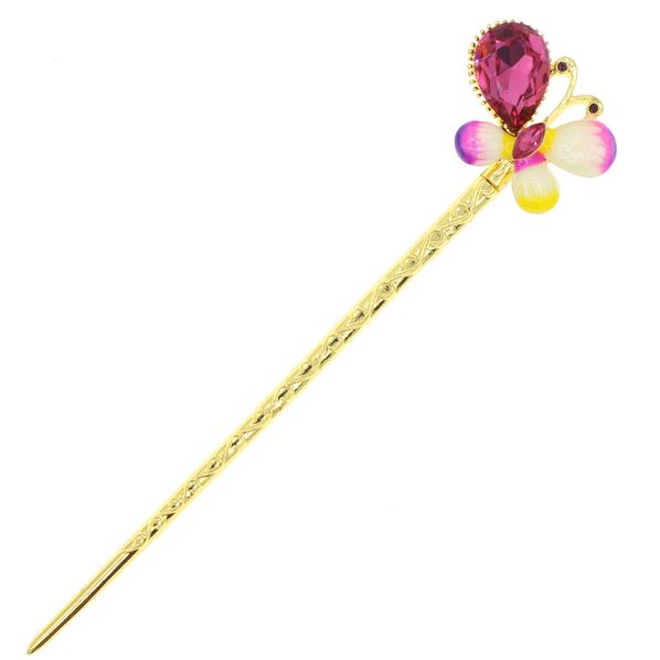 Gold Finish Enamel Butterfly Hair Stick with Rhinestones
