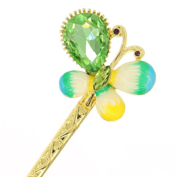 Gold Finish Enamel Butterfly Hair Stick with Rhinestones Red