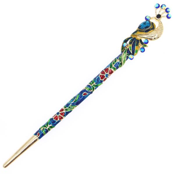 Blue Enamel Cloisonne Peacock Hair Stick with Rhinestones