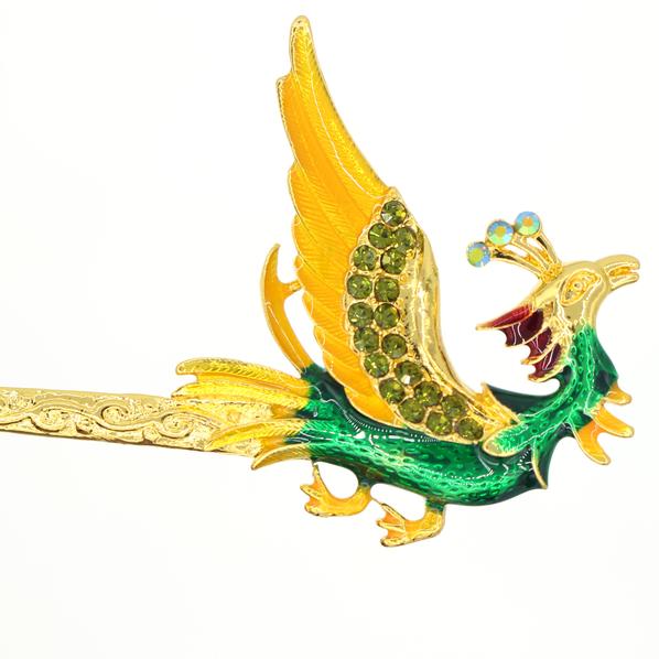 Gold Finish Enamel Phoenix Hair Stick with Rhinestones