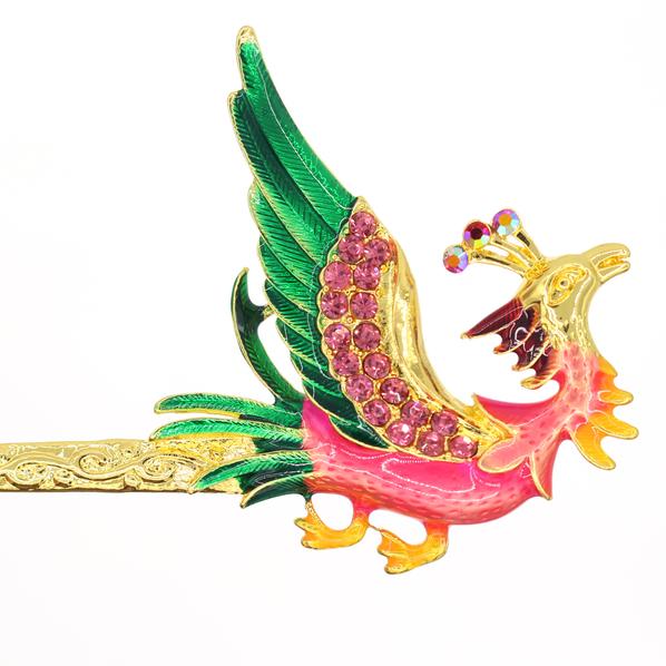 Gold Finish Enamel Phoenix Hair Stick with Rhinestones