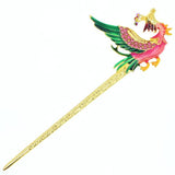 Gold Finish Yellow Enamel Phoenix Hair Stick with Rhinestones