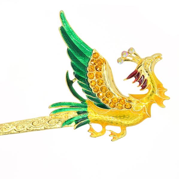 Gold Finish Enamel Phoenix Hair Stick with Rhinestones